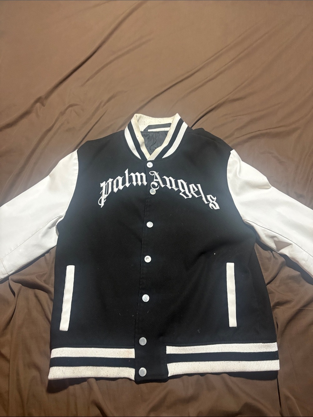 Palm Angels Black and White Letterman Bomber Jacket